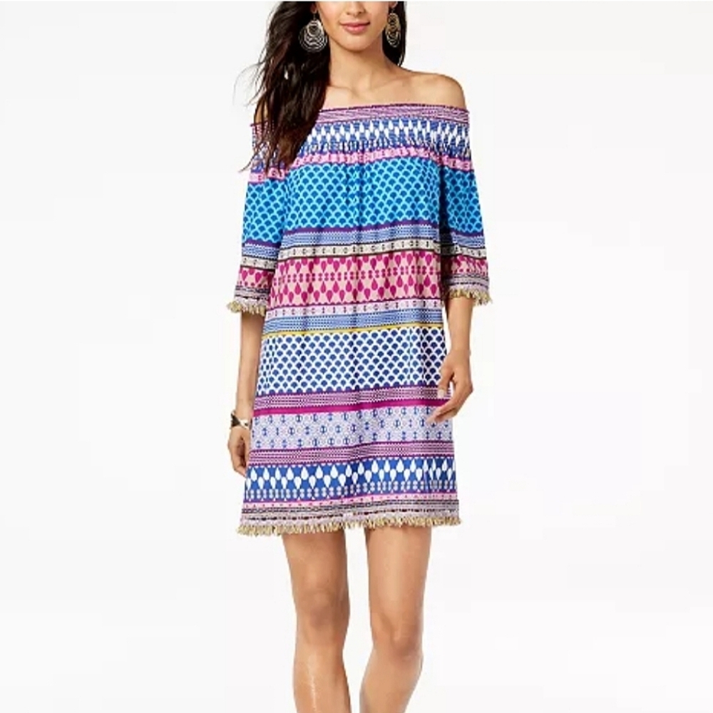 Trina Turk Off The Shoulder Emilia Fringe Trim Dress, S